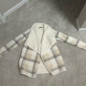 Abercrombie & Fitch Cream and Gray Plaid Sherpa Cardigan